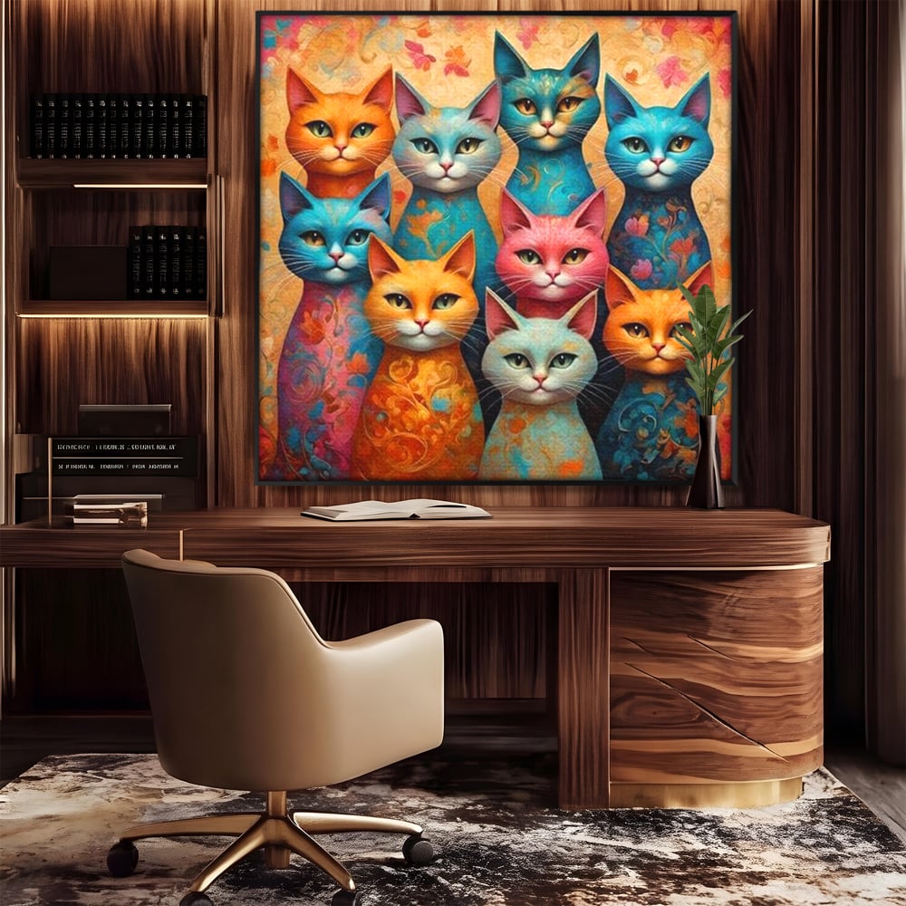 Tablou canvas cu tablou canvas cu opt pisici colorate, in rama de aluminiu negru, pe perete intr-un birou